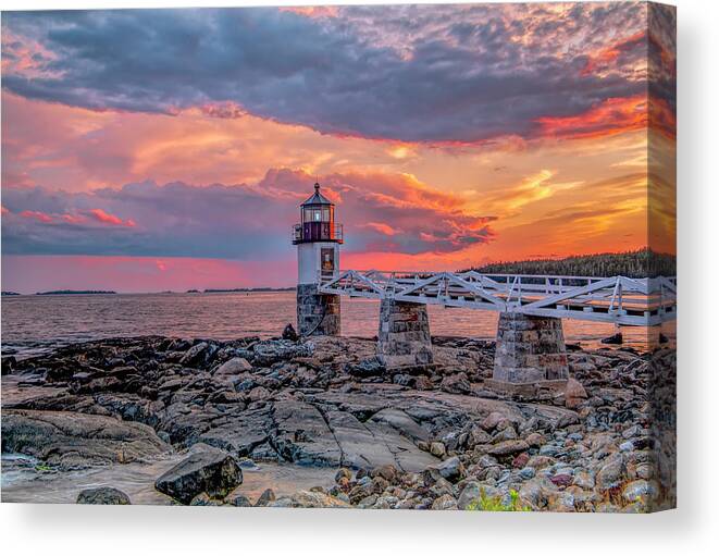 Marshal Point Lighthouse Canvas Print featuring the photograph Sunset at Marshall Point Lighthouse, Coastal Maine by Marcy Wielfaert
