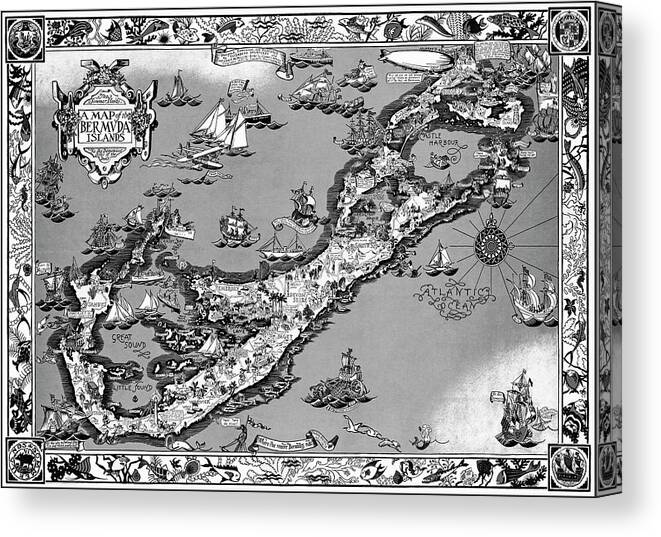 Bermuda Canvas Print featuring the photograph The Bermuda Islands Vintage Pictorial Map 1930 Black and White by Carol Japp