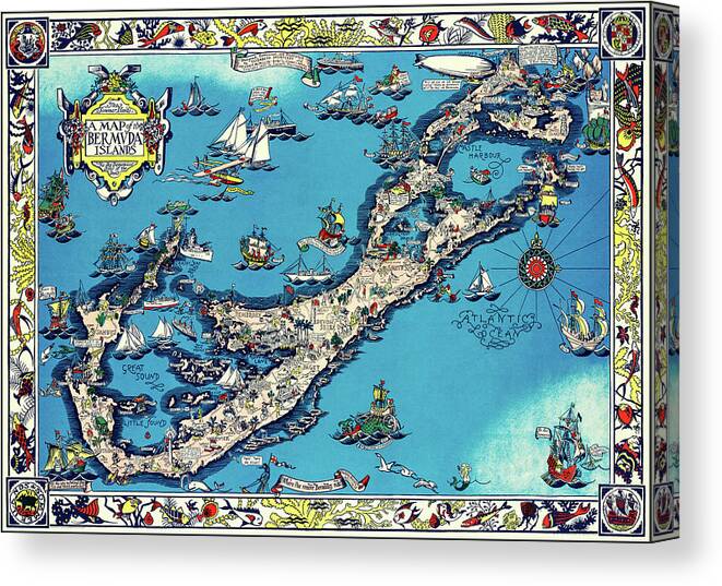 Bermuda Canvas Print featuring the photograph The Bermuda Islands Vintage Pictorial Map 1930 by Carol Japp
