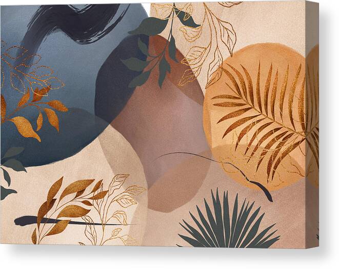 Colored Pencil Canvas Print featuring the painting The magic of nature, golden tropical leaves watercolor shapes print, aesthetic autumn illustration by Mounir Khalfouf