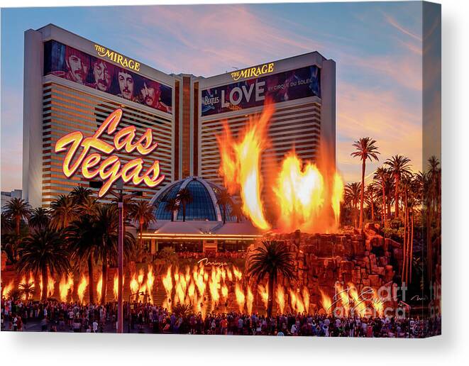 Post Card Canvas Print featuring the photograph The Mirage Volcano at Sunset Post Card by Aloha Art