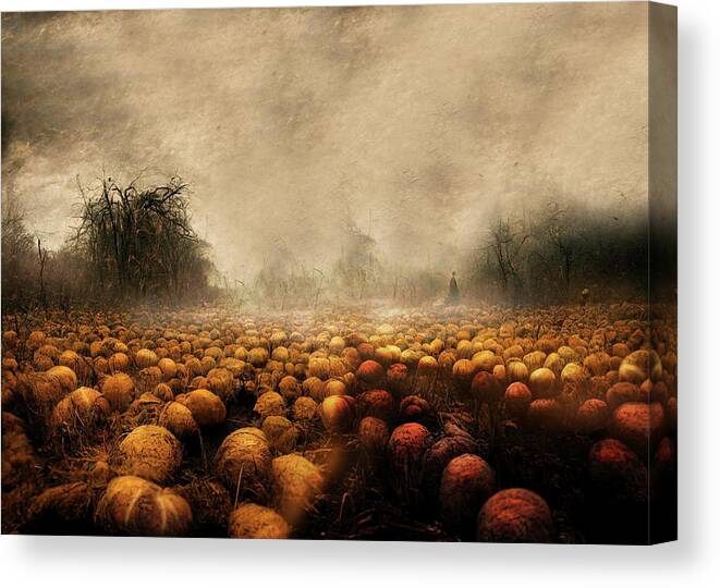 Halloween Canvas Print featuring the mixed media The Mysterious Field of Pumpkins by Colleen Taylor