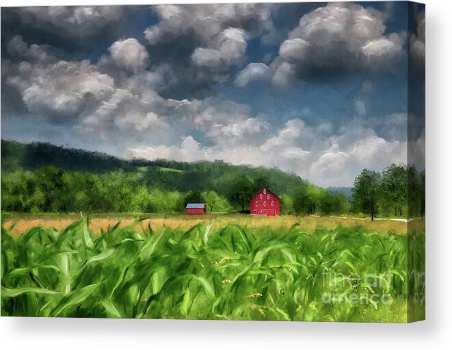 Barn Canvas Print featuring the digital art The Red Barn on Burnt House Road by Lois Bryan