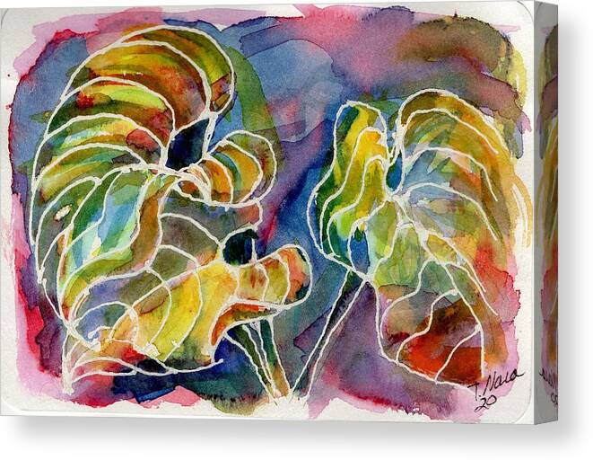 Bright Color Canvas Print featuring the painting Three Hosta Leaves by Tammy Nara