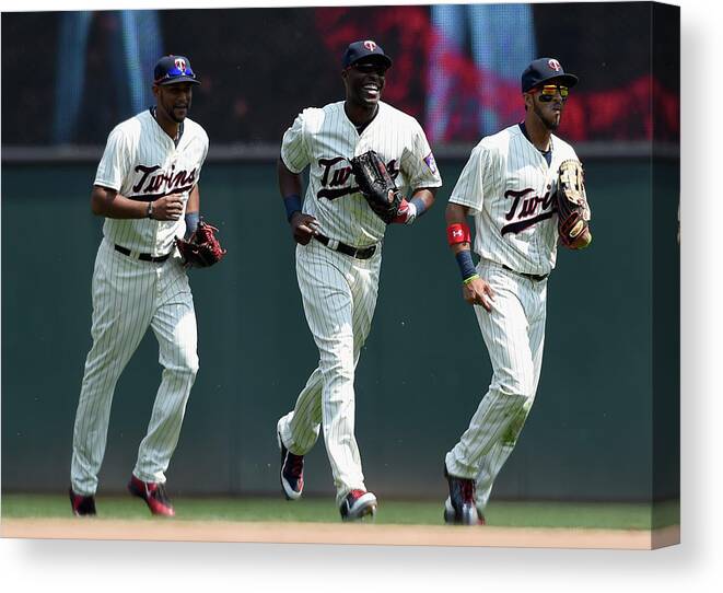 People Canvas Print featuring the photograph Torii Hunter, Aaron Hicks, and Eddie Rosario by Hannah Foslien