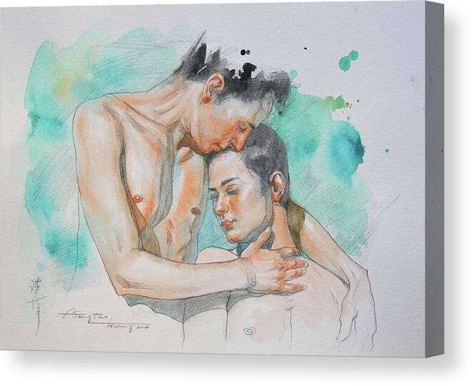 Male Nude Canvas Print featuring the painting Touch by Hongtao Huang