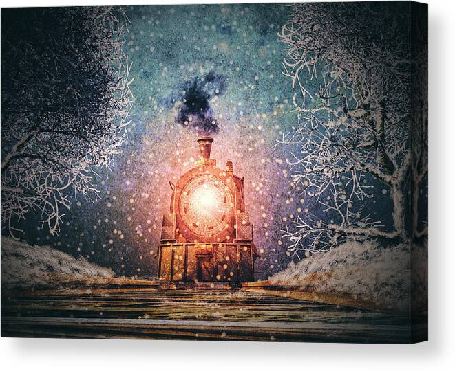 Train Canvas Print featuring the painting Traveling On Winters Night by Bob Orsillo