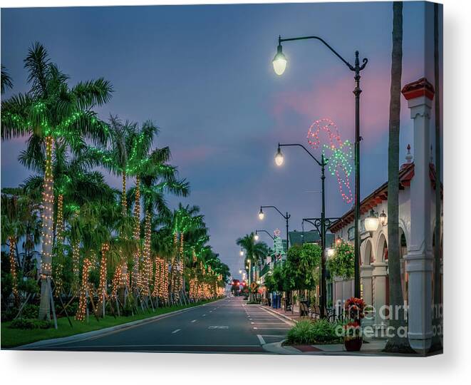 Blue Hour Canvas Print featuring the photograph Tropical Christmas in Venice, Florida by Liesl Walsh