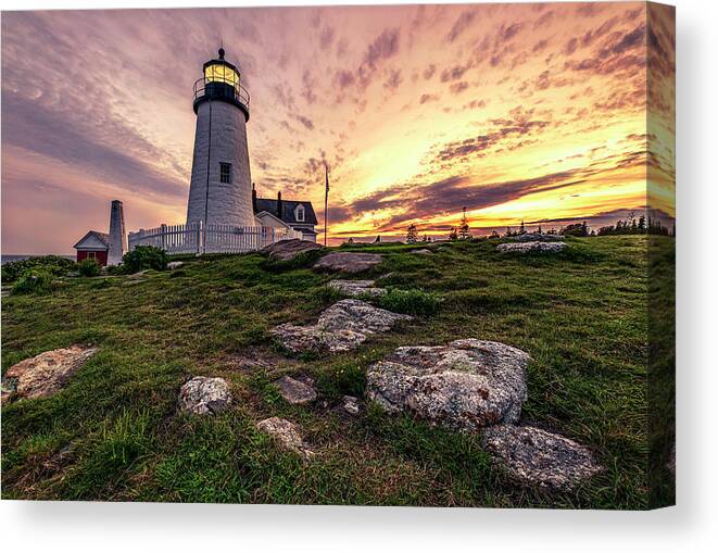 Architecture Canvas Print featuring the photograph Twilight at Penaquid Point Lighthouse by Andy Crawford