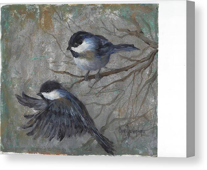 Songbird Canvas Print featuring the painting Two Chickadees by Cheri Wollenberg