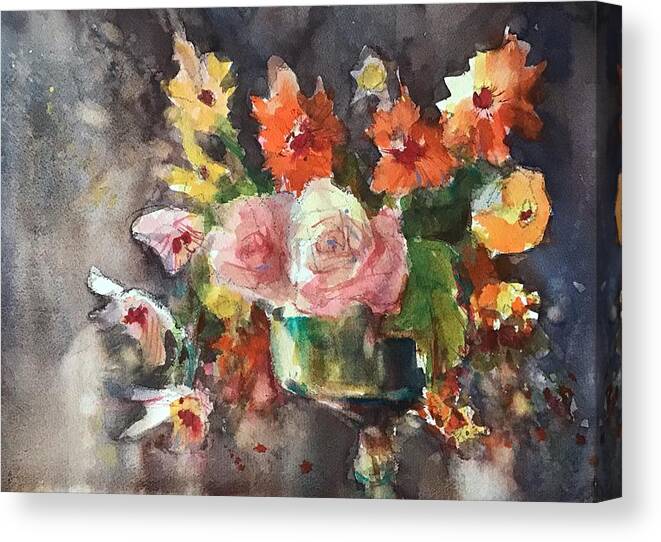 Floral Canvas Print featuring the painting Two Roses by Judith Levins