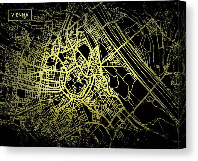 Map Canvas Print featuring the digital art Vienna Map in Gold and Black by Sambel Pedes