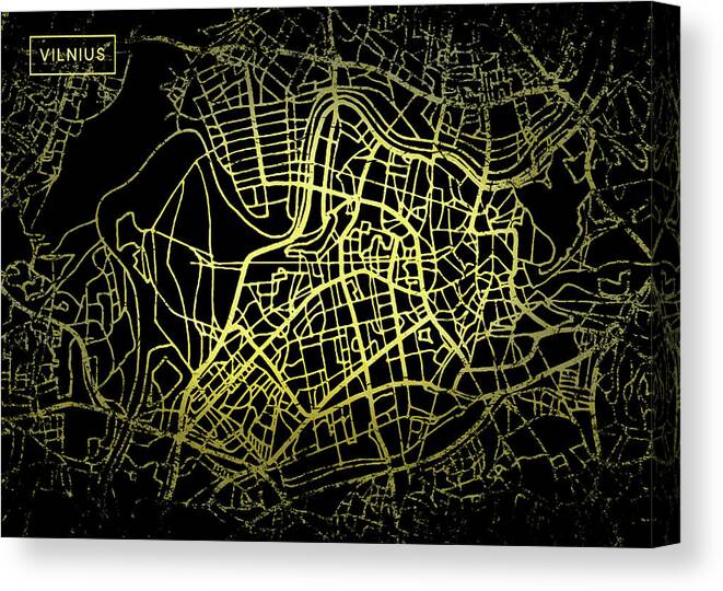Map Canvas Print featuring the digital art Vilnius Map in Gold and Black by Sambel Pedes