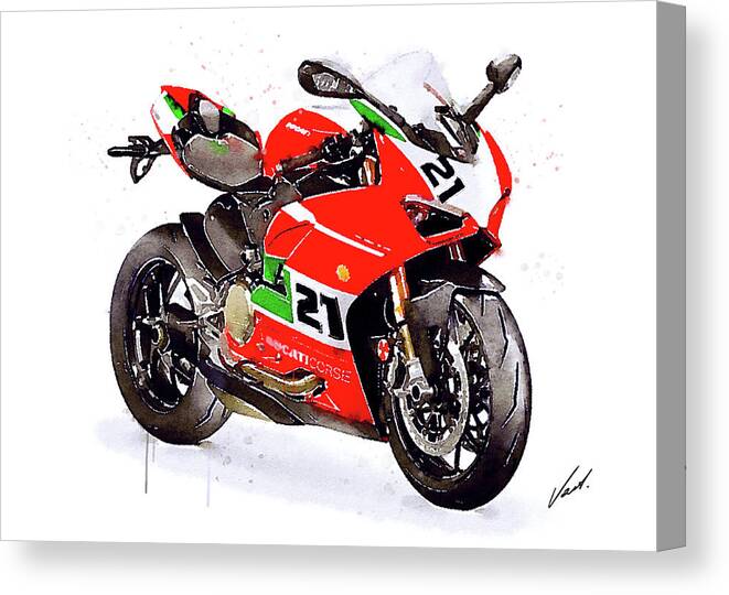 Sport Canvas Print featuring the painting Watercolor Ducati Panigale V2 Bayliss motorcycle, oryginal artwork by Vart. by Vart Studio