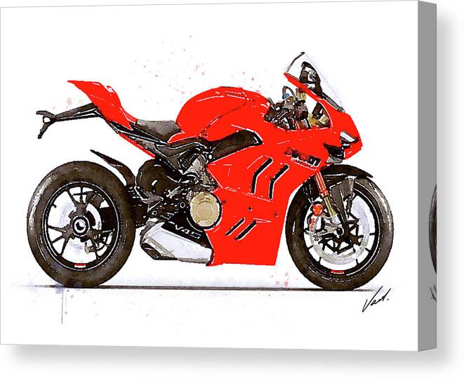 Sport Canvas Print featuring the painting Watercolor Ducati Panigale V4S 2022 motorcycle - oryginal artwork by Vart. by Vart Studio
