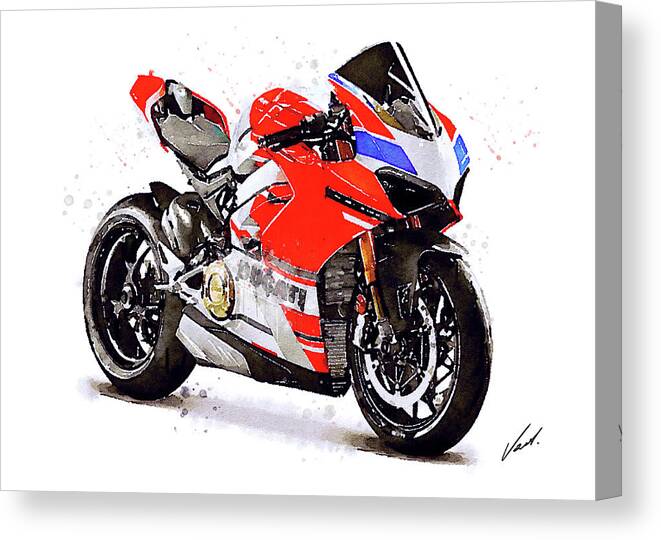 Sport Canvas Print featuring the painting Watercolor Ducati Panigale V4S motorcycle, oryginal artwork by Vart by Vart Studio