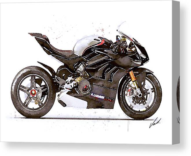 Sport Canvas Print featuring the painting Watercolor Ducati Panigale V4SP 2022 motorcycle, oryginal artwork b by Vart Studio