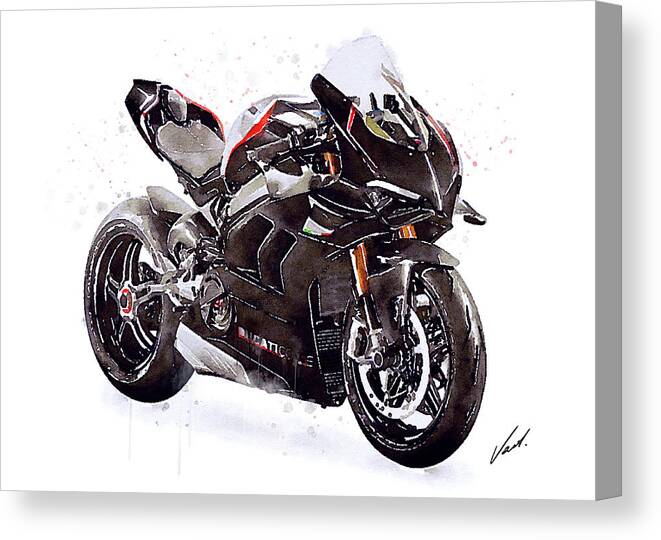 Sport Canvas Print featuring the painting Watercolor Ducati Panigale V4SP 2022 motorcycle, oryginal artwork by Vart. by Vart Studio