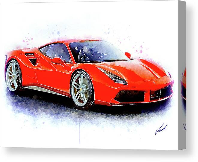 Watercolor Canvas Print featuring the painting Watercolor Ferrari 488 GTB - oryginal artwork by Vart by Vart