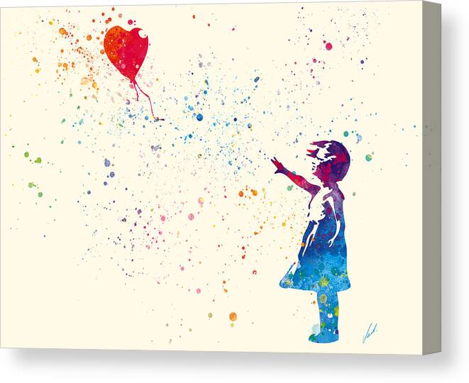 Watercolor Canvas Print featuring the painting Watercolor Girl With A Balloon by Vart. by Vart Studio