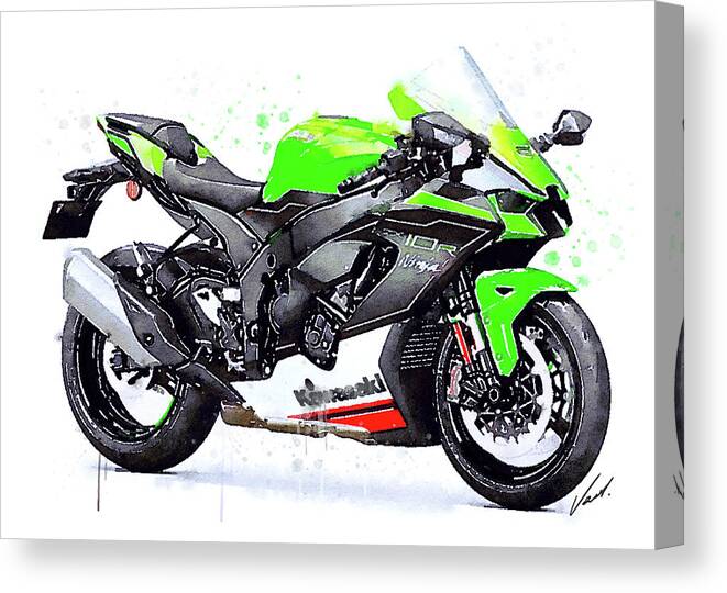 Sport Canvas Print featuring the painting Watercolor Kawasaki Ninja ZX10R motorcycle - oryginal artwork by Va by Vart Studio