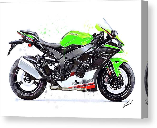 Sport Canvas Print featuring the painting Watercolor Kawasaki Ninja ZX10R motorcycle - oryginal artwork by Vart. by Vart Studio