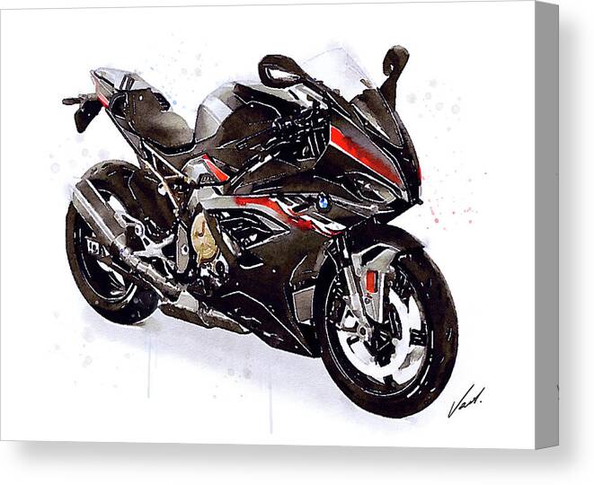 Sport Canvas Print featuring the painting Watercolor Motorcycle BMW S1000RR black 2022 - original artwork by Vart. by Vart Studio