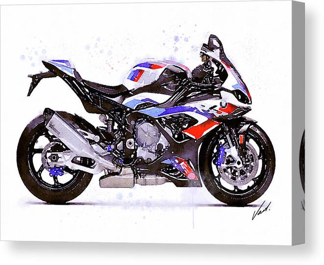 Sport Canvas Print featuring the painting Watercolor Sport Motorcycle BMW S1000RR - original artwork by Vart. by Vart Studio