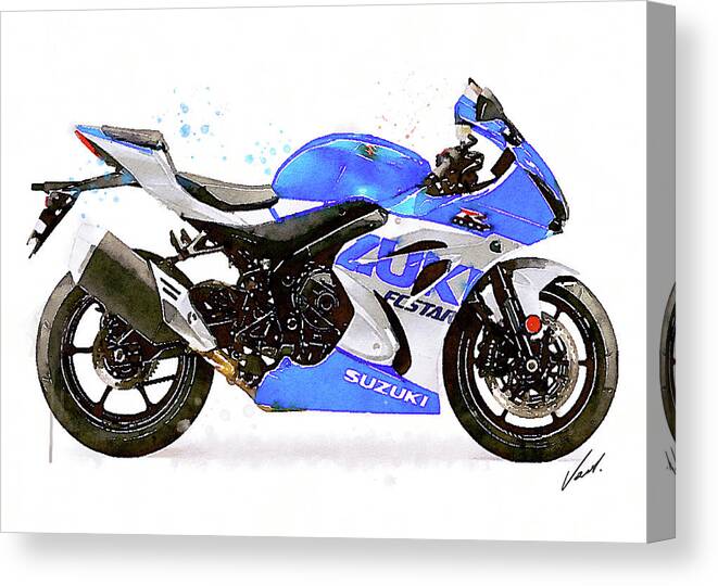 Sport Canvas Print featuring the painting Watercolor Suzuki GSX-R 1000 motorcycle - oryginal artwork by Vart. by Vart Studio