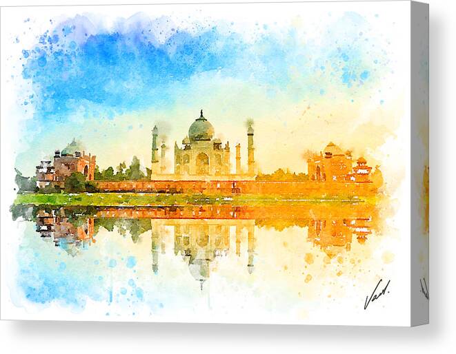 Watercolor Canvas Print featuring the painting Watercolor Tajmahal, India by Vart by Vart Studio