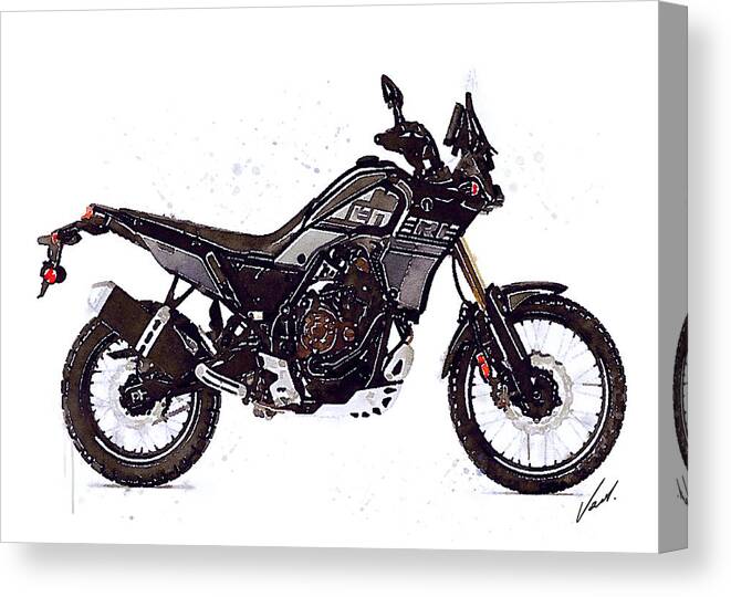 Adventure Canvas Print featuring the painting Watercolor Yamaha Tenere 700 black motorcycle - oryginal artwork by Vart. by Vart Studio