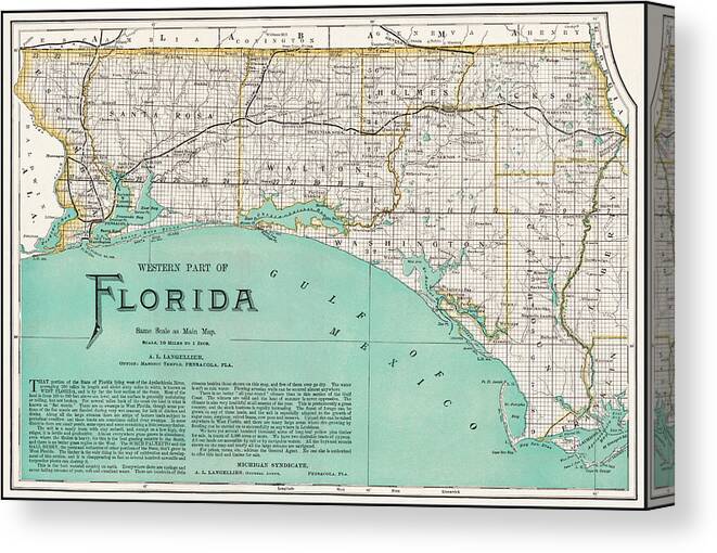 Florida Map Canvas Print featuring the photograph Western Florida Vintage Map 1890 by Carol Japp