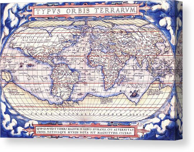 Abraham Ortelius Canvas Print featuring the drawing World Map by Abraham Ortelius