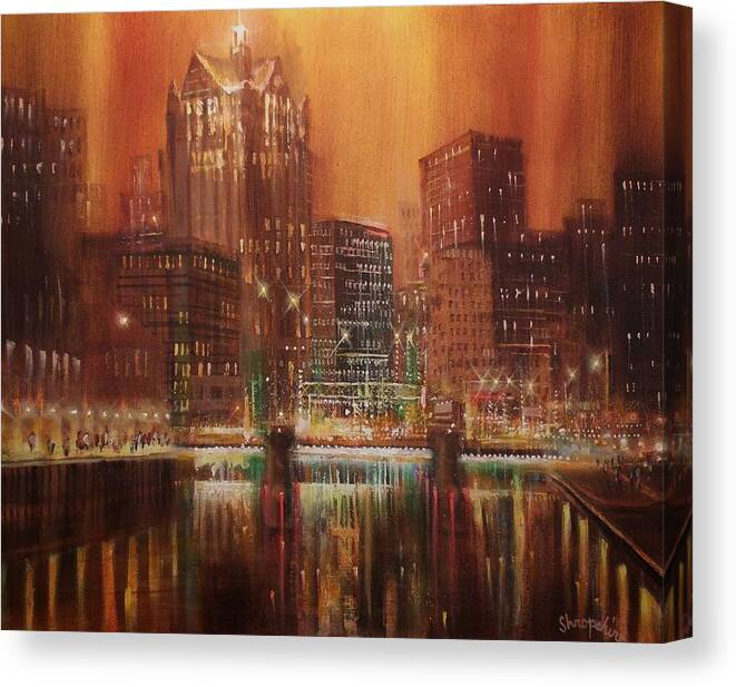 City At Night Canvas Print featuring the painting Milwaukee River Downtown by Tom Shropshire