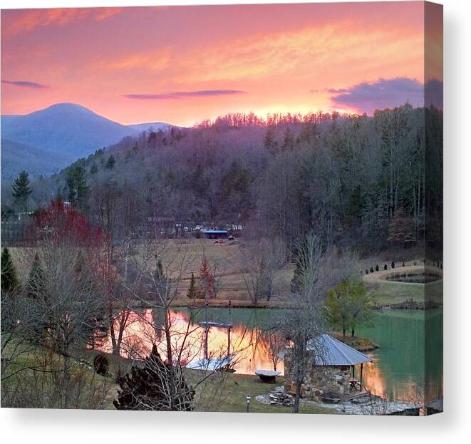 Landscapes Canvas Print featuring the photograph Mountain Country Farm with Ponds at Sunset by Duane McCullough