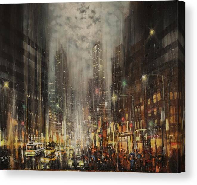 City Canvas Print featuring the painting Steel Canyons by Tom Shropshire