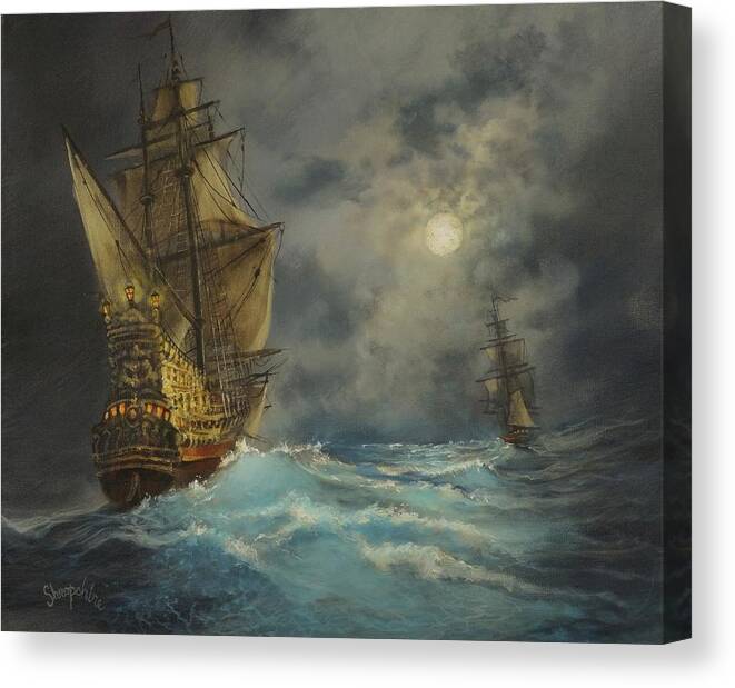 Pirate Ship Canvas Print featuring the painting In Pursuit by Tom Shropshire