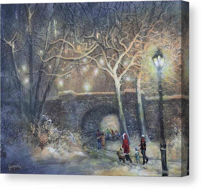 Snowfall Canvas Print featuring the painting A Magical Walk by Tom Shropshire