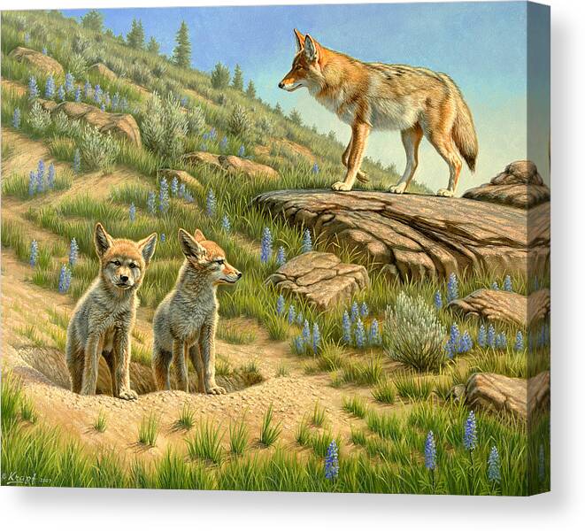 Wildlife Canvas Print featuring the painting Babysitter - coyotes by Paul Krapf