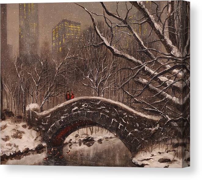 Snow Scene Canvas Print featuring the painting Bridge in Central Park by Tom Shropshire