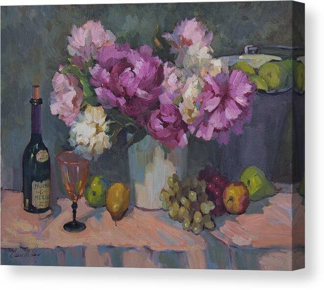 Wine Canvas Print featuring the painting J. P. Chenet and Peonies by Diane McClary