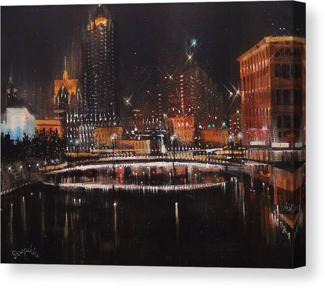City At Night Canvas Print featuring the painting Milwaukee River Lights by Tom Shropshire