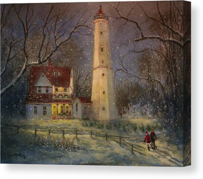 Christmas Scene Canvas Print featuring the painting Milwaukee's North Point Lighthouse by Tom Shropshire