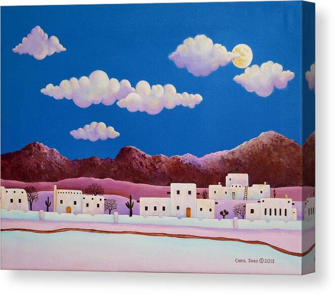 Southwest Landscape Canvas Print featuring the painting Moonlight Over Adobe Village by Carol Sabo