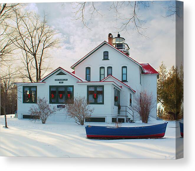 Grand Canvas Print featuring the photograph Snow at Grand Traverse Light by Nick Zelinsky Jr