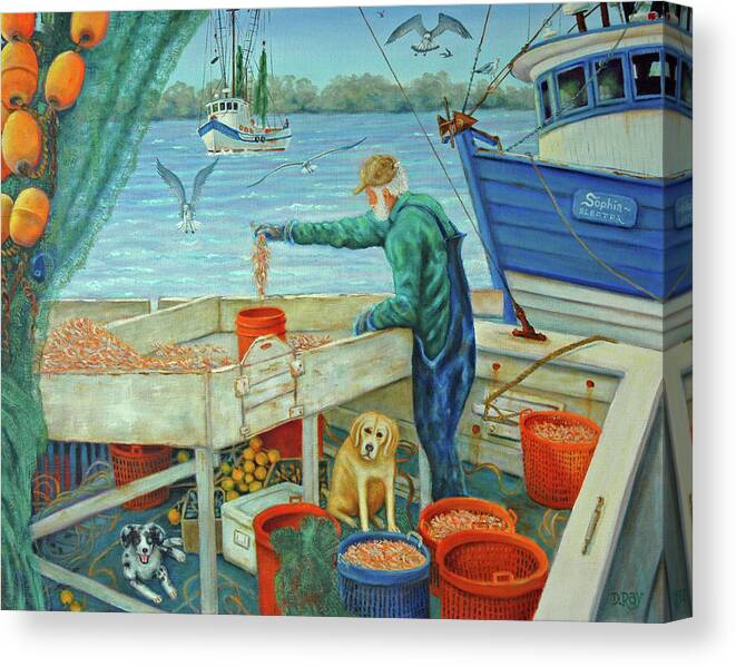 Shrimp Canvas Print featuring the painting Sorting Shrimp at Frogmore by Dwain Ray
