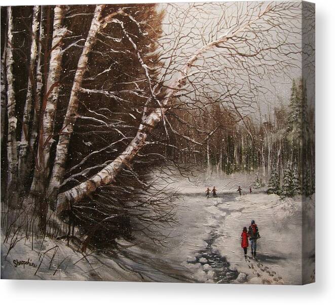 Winter Scene Canvas Print featuring the painting The Skaters by Tom Shropshire