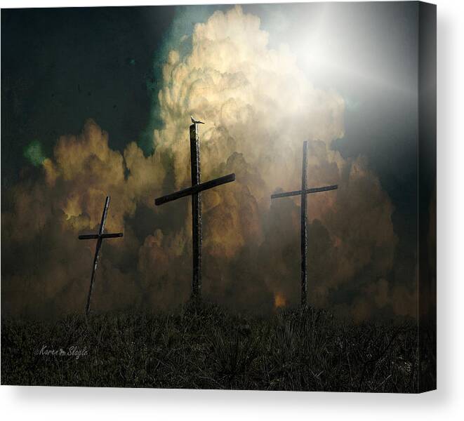 God Canvas Print featuring the photograph Three Crosses and a Dove by Karen Slagle
