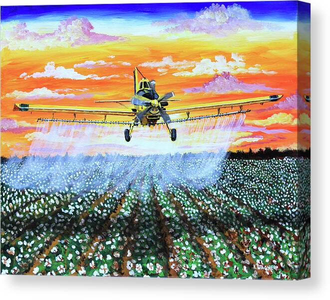 Air Tractor Canvas Print featuring the painting Air Tractor at Sunset Over Cotton by Karl Wagner