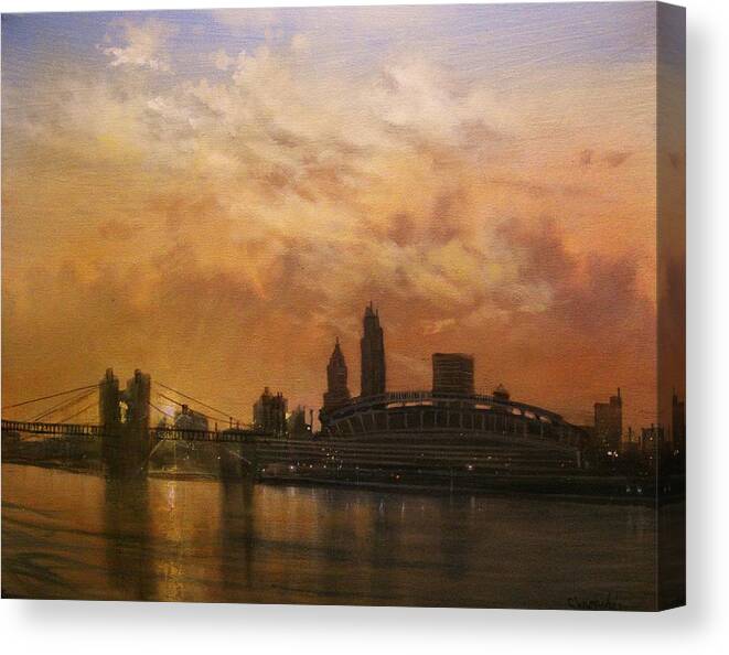 Cincinnati Canvas Print featuring the painting Cincinnati Skyline by Tom Shropshire